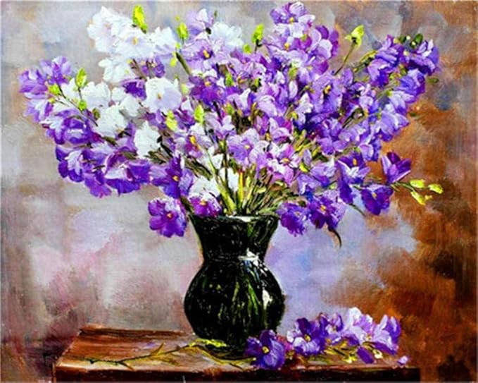 Amazon 大人のデジタル絵画初心者初心者子供プレプリントリネンキャンバス油絵キット家の装飾ギフト紫色の花鉢植え植物 お絵かき ホビー