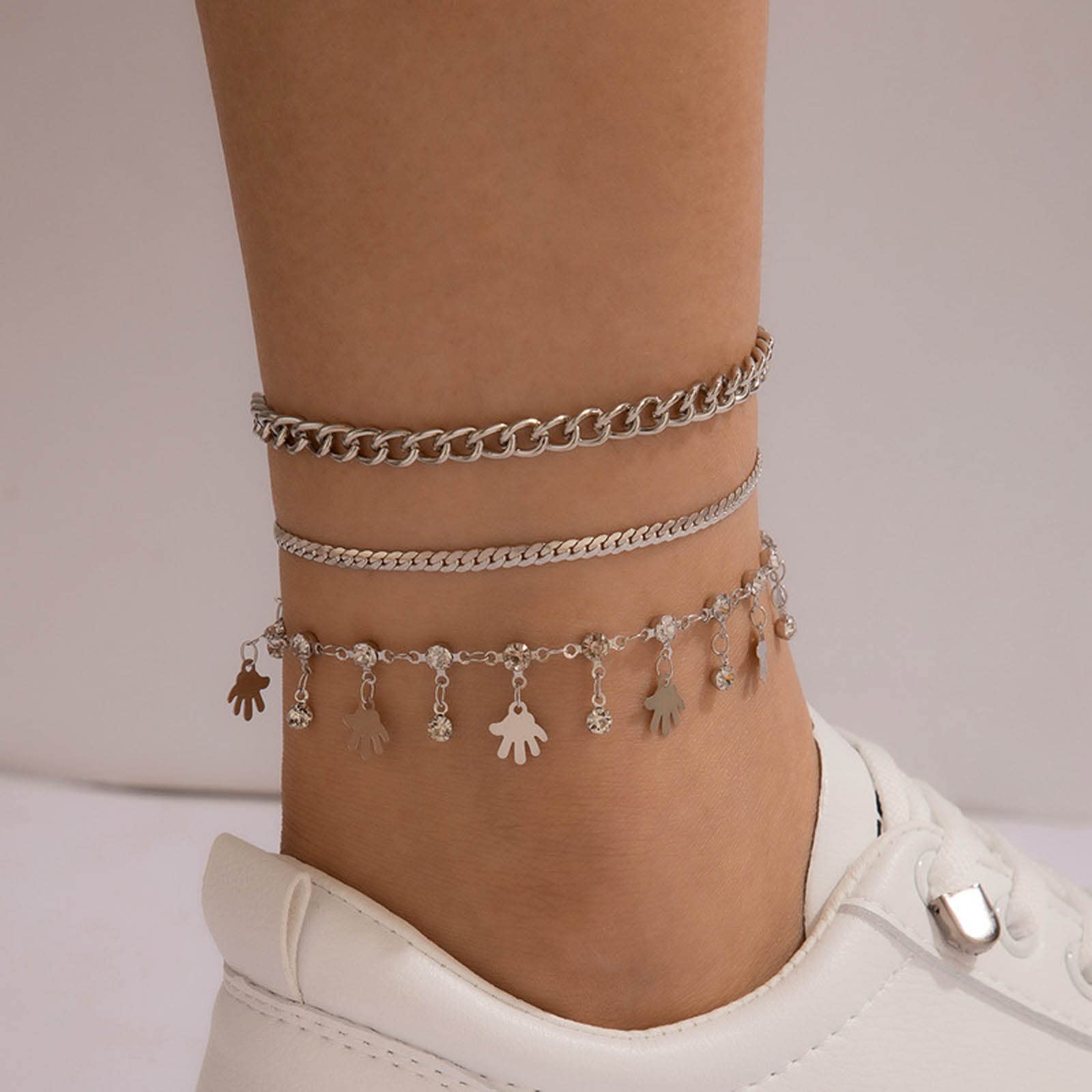 Inateannal 3Pcs Silver Ankle Bracelet for Women Multilayer Palms Pendant Cubic Zirconia Anklet Cuban Link Ankle Chain Beach Foot Chain Anklet Jewelry for Girls