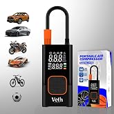 Veth Automotive VT06 Portable Tire Inflator, 150 PSI Cordless Air Pump | Dual 2000mAh batteries, digital pressure display, auto shut-off, USB-C output, LED light, compact cordless design.
