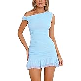 OOQONQ Womens Off The Shoulder Bodycon Summer Mini Dresses Sleeveless Ruched Mesh Ruffle Hem Club Party Short Dress