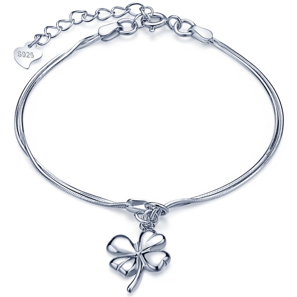 Infinite U Women Girls Charm Bracelet 925 Sterling Silver, Lucky Four-leaf Clover bangle, Adjustable Hand Link, Double Chains Extension, Silver