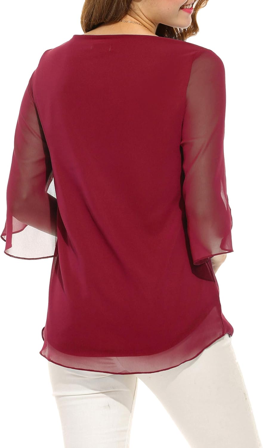 ACEVOG Womens Casual Scoop Neck Loose Top 3/4 Sleeve Chiffon Blouse Shirt Tops: Clothing