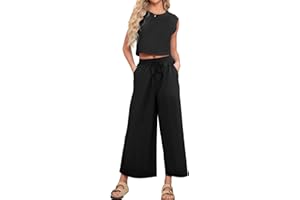 Glamaker Women's 2 Piece Outfits Linen Matching Sets Tracksuit Summer Sleeveless Tank Crop Top And Wide Leg Pants