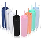 Volhoply 16oz Plastic Skinny Tumbler with Lid and Straw Bulk 8 Pack,Insulated Double Wall BPA Free Matte Acrylic Tumblers,Iced Coffee Travel Reusable Party Cup,Customizable Diy Gifts(Assorted,8 Set)