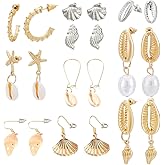 PH PandaHall 9 Pairs Seashell Earrings Starfish Golden Ocean Earrings Set Jewellery for Women Beach Party Vacation Summer Themed Pendant Ear Studs 0.55~2.1 Inch