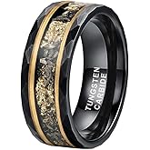 TUTISS 8mm Silver/Black Hammered Tungsten Rings for Men Women Engagement Wedding Bands Genuine Meteorite Shavings Gold Foil Inlay Matte Finish Comfort Fit