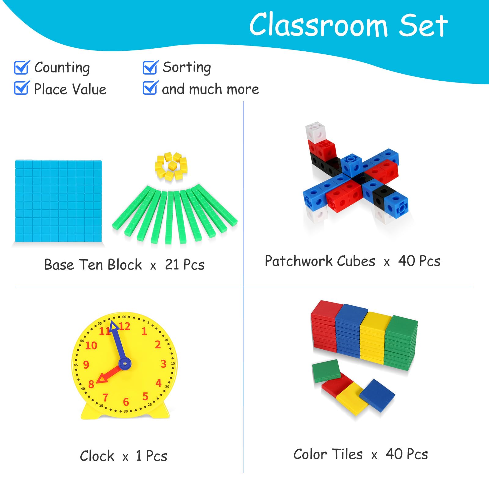 TOMMYHOME Essential Preschool Kindergarten Learning Set, Collection of Clocks, Cubes, Blocks Stacking Toys for Boys&Girls Aged 3 4 5 6 Years.