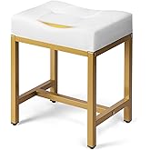 Saddle Seat Vanity Stool, Makeup Stool Chair with Metal Leg, U-Shaped Ottoman Foot Rest Stool, Small Square Chairs Under Desk for Vanity, Living Room, Bedroom, Modern Makeup Bench Linen White&Gold