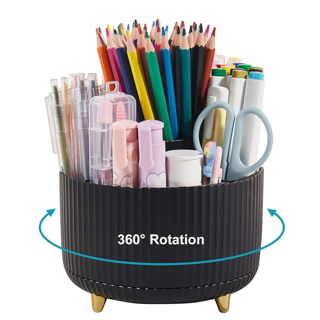 Pencil Pen Holder for Desk, 5 Slots 360°Degree Rotating Pencil Pen Organizers for Desk, Desktop Storage Stationery Supplies Organizer, Cute Pencil Cup Pot for Office, School, Home, Art Supply (Black)
