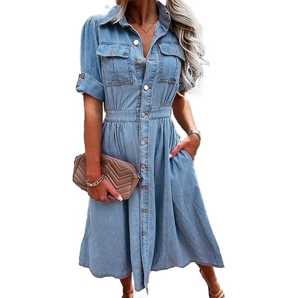 YiKeGuiHuaShu Denim Dress Three Quarter Sleeve with Belt