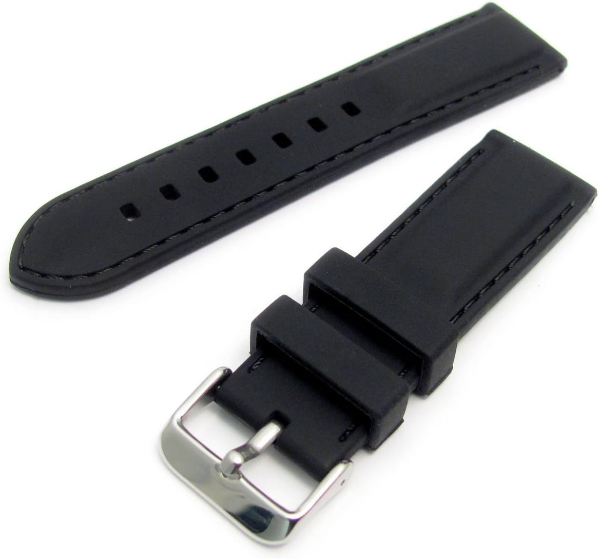 Flexible Black Silicone Watch Strap with Coloured Contrast Stitching 28mm Chrome (Silver Colour) Buckle