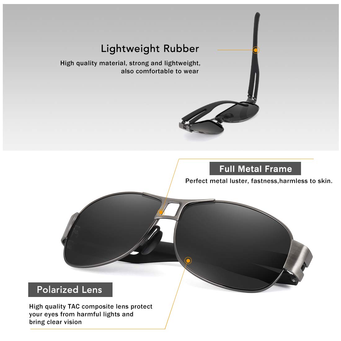 WOWSUN Classic Aviator Military Polarized Driving Sunglasses For Men | Ultralight Frame with 100% UV400 Protection Lens (Black Lens Gun Grey Frame)