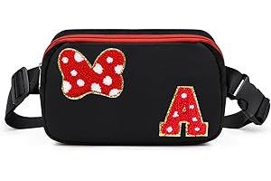 SWEET LION Chenille Initial Letter Bow Mouse Fanny Pack, Waterproof Park Crossbody Bag Christmas Birthday Gifts for Teen Girls Daughter Women Kids Adults, Cute Belt Bag Must Haves for Park Travel (A, Black)