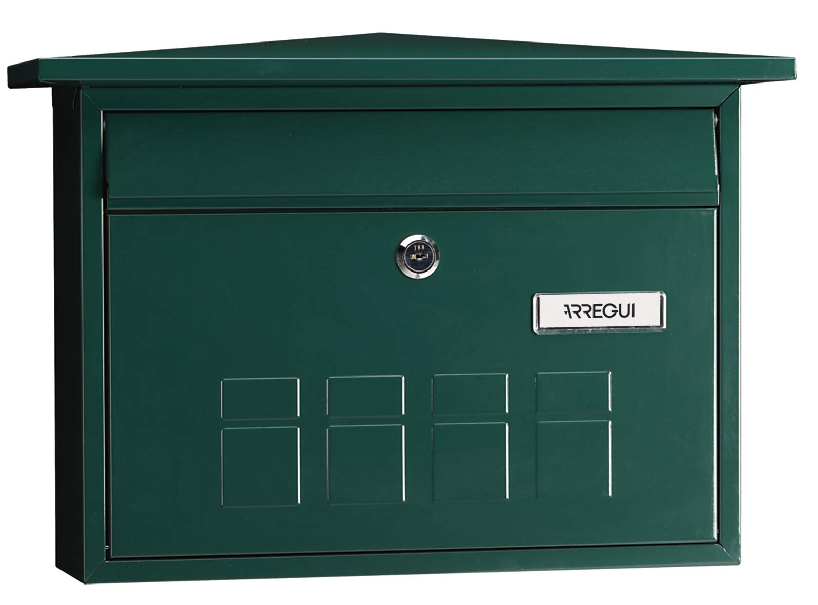 ARREGUI Deco E5703 Galvanised Steel Letter Box, Size M (DIN A4 Post), Horizontal Wall Post Box for Outdoor Use, Post Box with Name Plate and Flap, Green