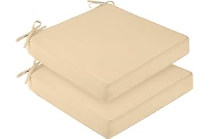 downluxe Outdoor Chair Cushions for Patio Furniture, Waterproof Square Corner Memory Foam Patio Chair Cushion with Adjustable Ties and Portable Handle, 19" x 19" x 3", Beige, 2 Pack