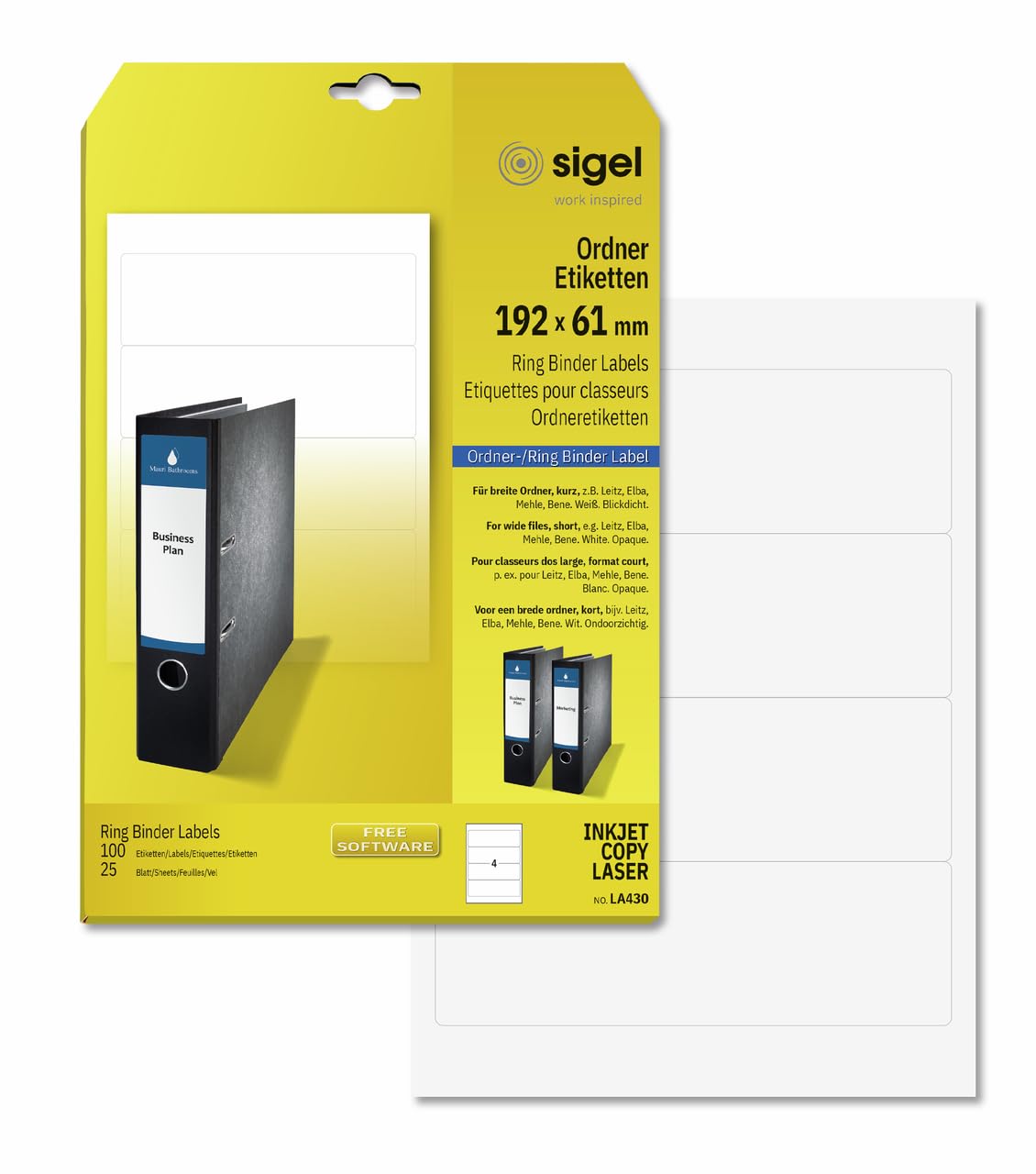 SIGEL LA430 Ring Binder Labels, 19.2 x 6.1 cm, 100 lbl equal to 25 sheets, opaque, White