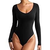 REORIA Women's V Neck Long Sleeve Bodysuits Comfy Double Lined Basic Tank Top Body Suits