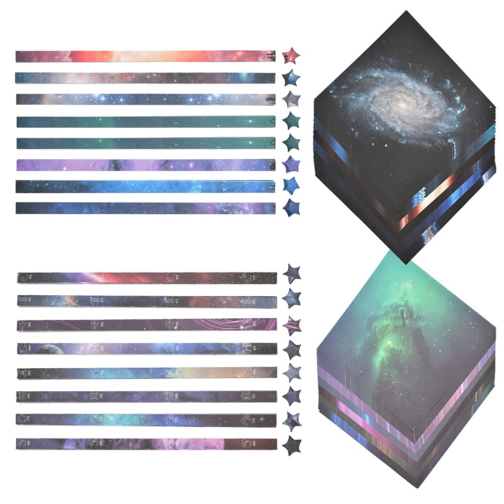 690 Sheets Origami Paper Double Sided and Origami Star Paper Strips Kit, 15 x 15cm Patterned Origami Square Art Crafts Paper for Children Kids, 94 Night Sky Square Decoration + 596 Paper Star Strips