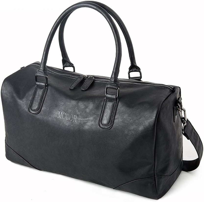 Vintage PU Leather Oversized Weekender Duffel Bag Overnight Handbag Black