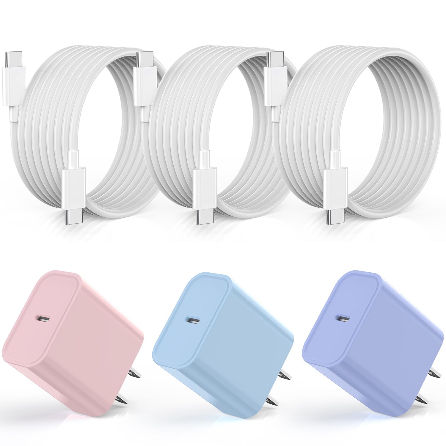 Photo 1 of [3Pack]20W USB C Fast Charger iPhone 17 16 Fast Charging, Apple 17 Charger Block 6ft C to C Long Charging Cable Cord for iPhone 17/16e/16 Pro/16 Pro Max/iPhone 15 Series/iPadAir/Mini(Pink+Blue+Purple)