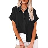 IPMQ Womens Cotton Linen Button Down Shirts Short Sleeve Dress Shirts Casual Summer Tops Blouses with Pockets