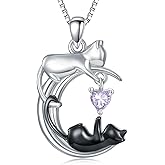 LONAGO White Cat and Black Cat Moon Pendant Necklace Sterling Silver Cat Necklace Jewelry Gift for Women