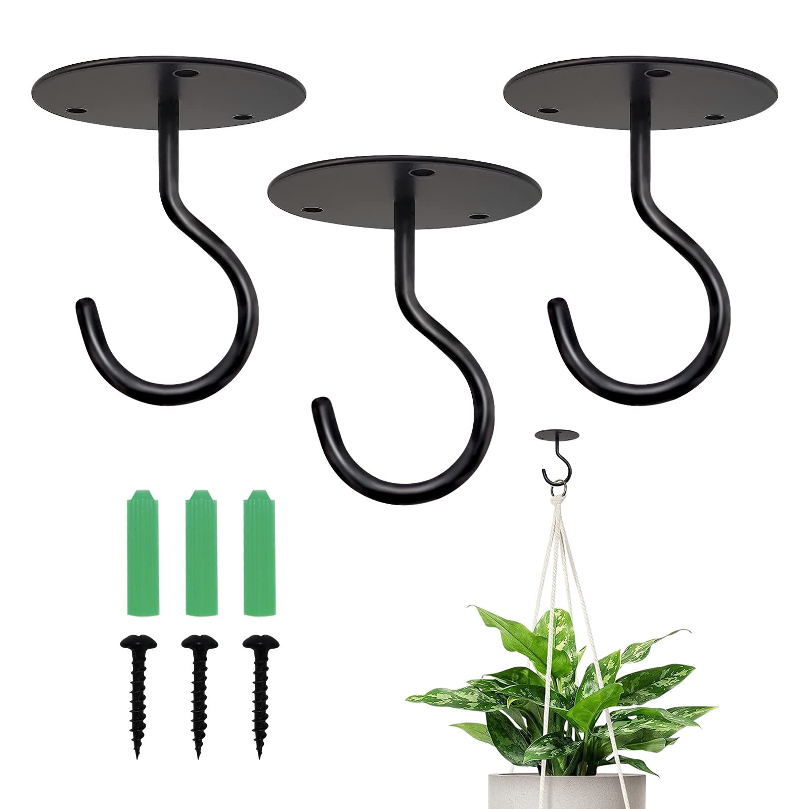 Ticway 3 Pcs Ceiling Hooks for Hanging Plants, Wall Mounted Planters Hooks for Outdoor Plants, Hanging Basket, Bird Feeders, Wind Chimes, String Lights, Lanterns (Black A1)
