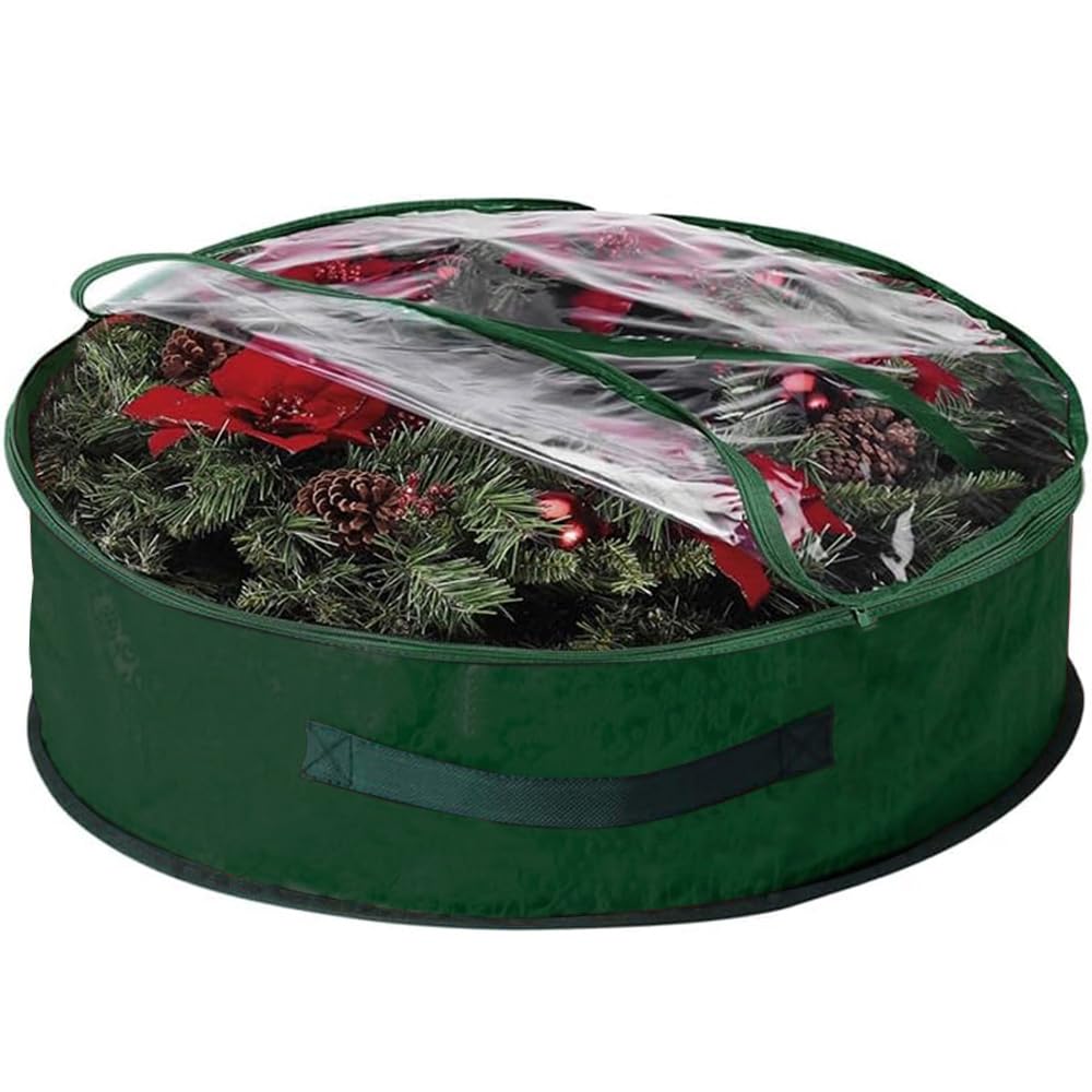 Ram® Green Christmas Zip Up Wreath Storage Bag 60CM Garland Wreaths Container with Clear Window