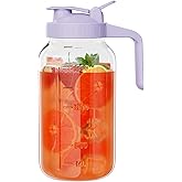 Glass Mason Jar Pitcher, 64 oz Wide Mouth Jug with Pour Spout Handle Lid for Cold Brew Coffee, Ice Beverage, Iced Juice, Lemonade, Sun Tea, Fruit Drinks Container（Purple）