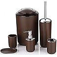Bathroom Accessories Set 6 Piece -(Trashcan, Soap Dispenser, Toothbrush Holder, Soap Dish,Toilet Brush) for Decorative Countertop and Housewarming Gift (Brown)