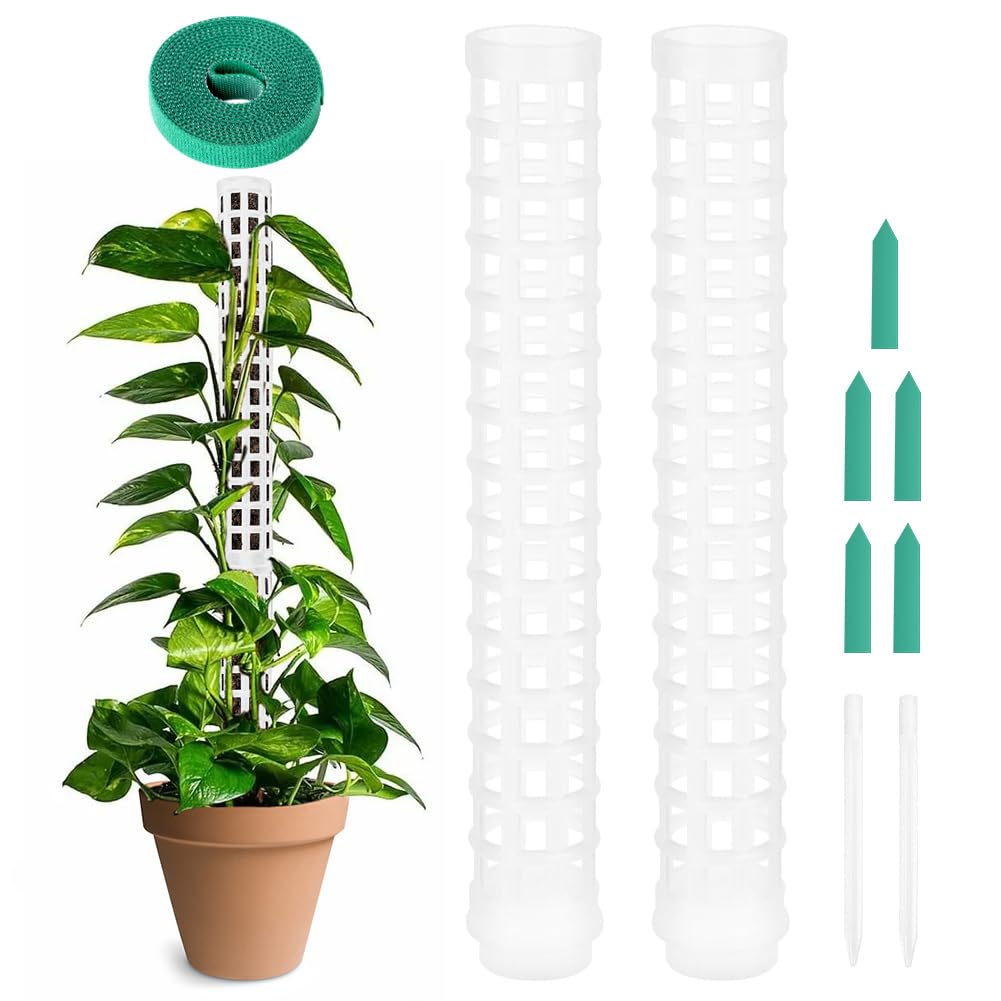 OFFCUP Plastic Moss Poles, 2x 25cm/ 50cm Monstera Plant Support for Climbing Plants, Plant Poles with Cable Ties & Labels, Plant Stakes for Indoor Outdoor Plants (White)