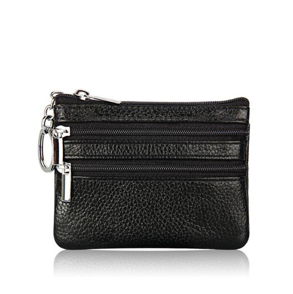 AprinCtempsD Ladies Genuine Leather Small Coin Purse with Zip Womens Mens Mini Wallet Pouch with Key Ring (Black)
