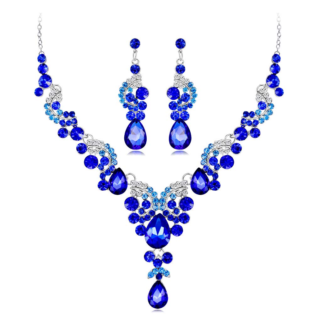 Wedity Bride Wedding Crystal Necklace Earrings Set Floral Choker Necklaces Teardrop Shape Jewelry for Women and Girls (Blue)