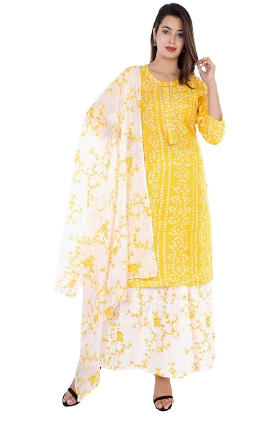 Buy Vasu & Company Rayon Bandhej Print Yellow Kurti Plazo with Dupptta Set for Women at Amazon.in