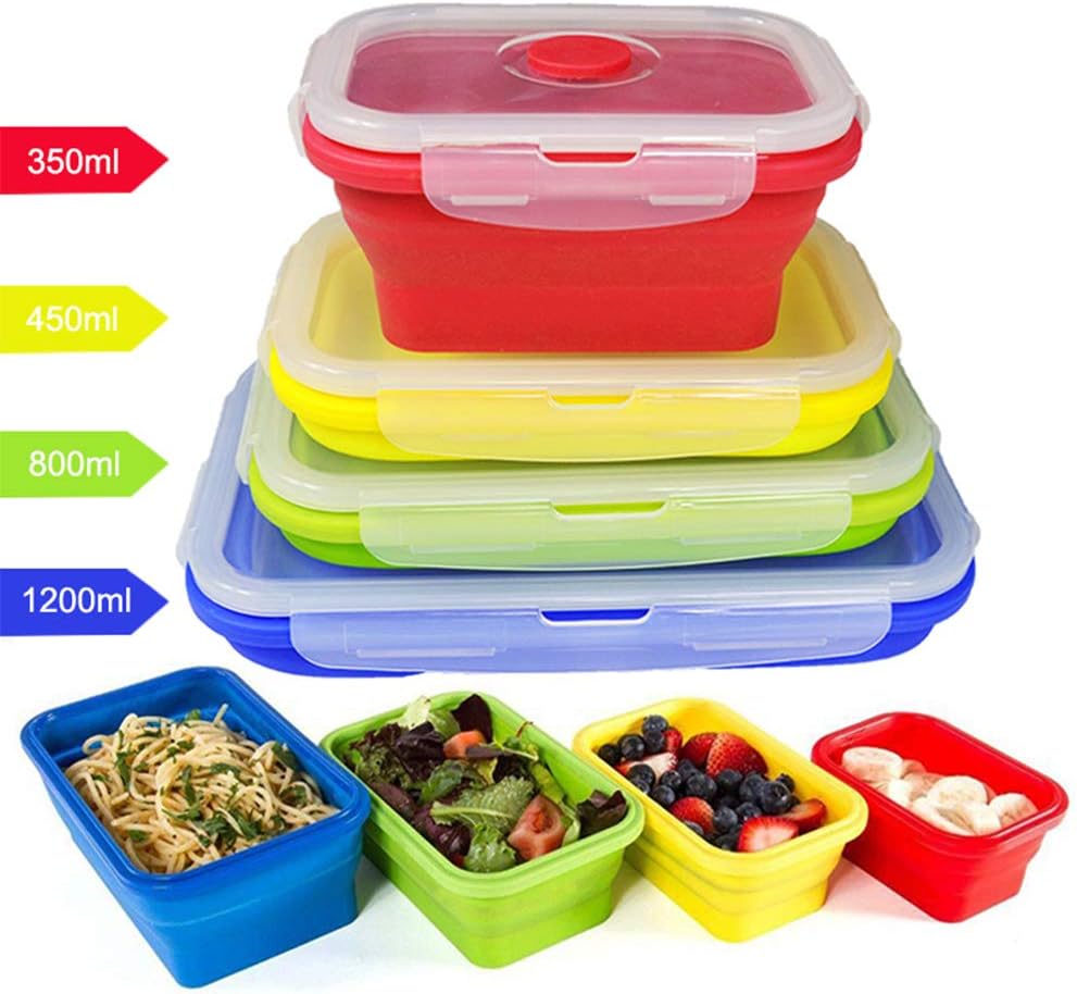 4 Pcs Silicone Collapsible Food Storage Containers Lunch Bento Box,HanDingSM Reusable BPA Folding Food Storage, Microwave, Dishwasher and Freezer Safe