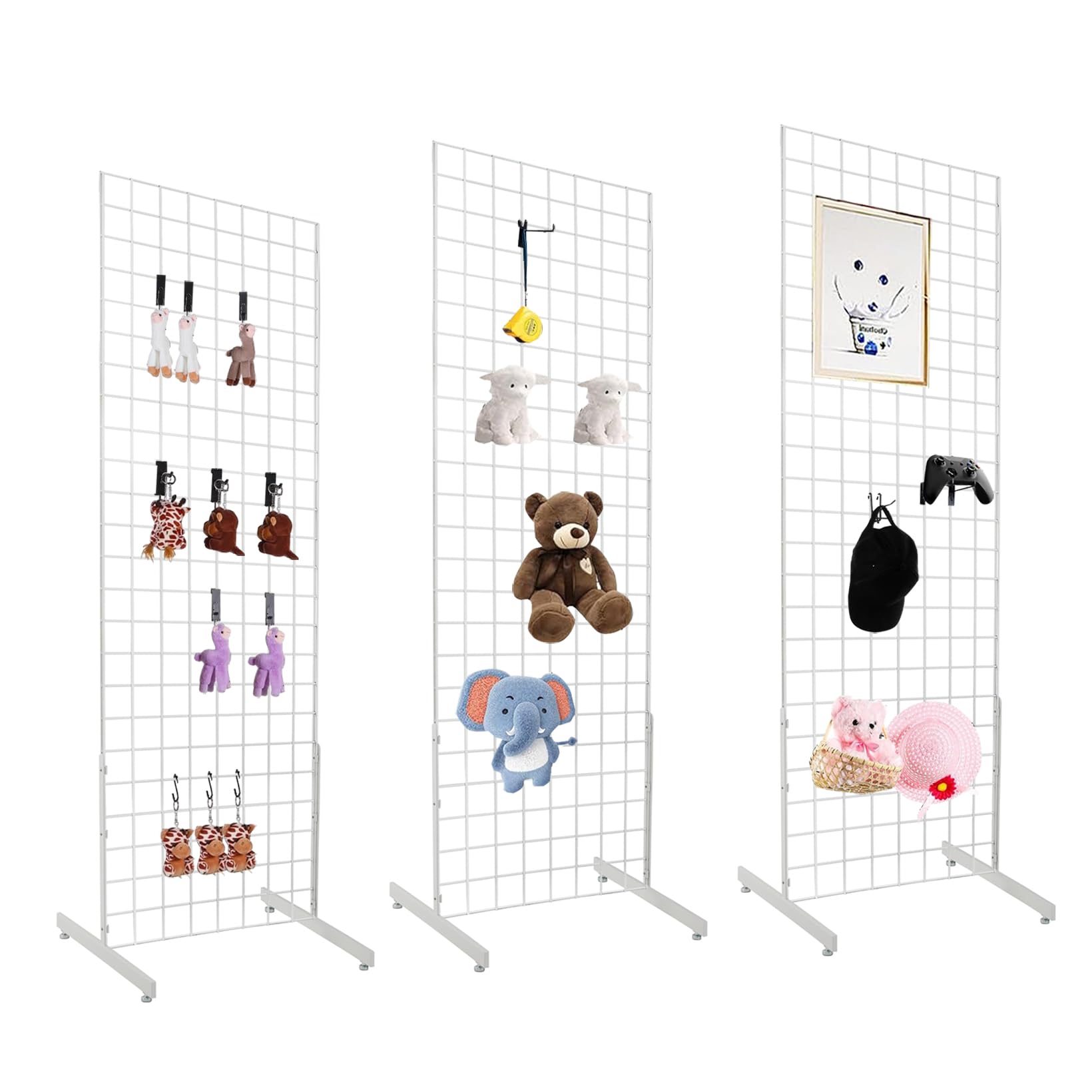 Photo 1 of NEESEEYEE 2' x 6' Grid Wall Panel Floorstanding Display Fixture with Deluxe T-Style Base, White. Three-Pack Combo.