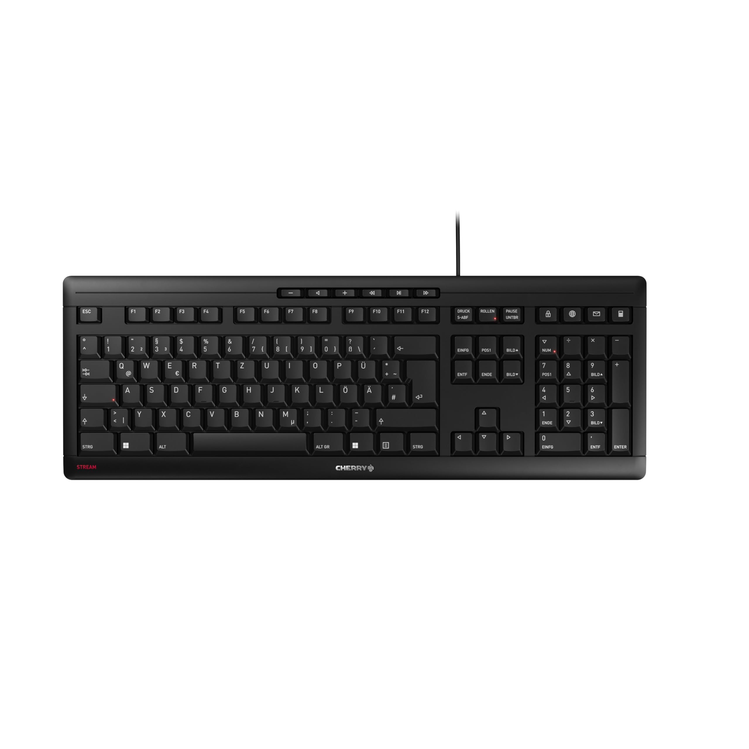 CHERRY STREAM KEYBOARD, Wired Keyboard, German Layout (QWERTZ), Whisper-Quiet Keystrokes, Unique Typing Experience, Flat Design, Black