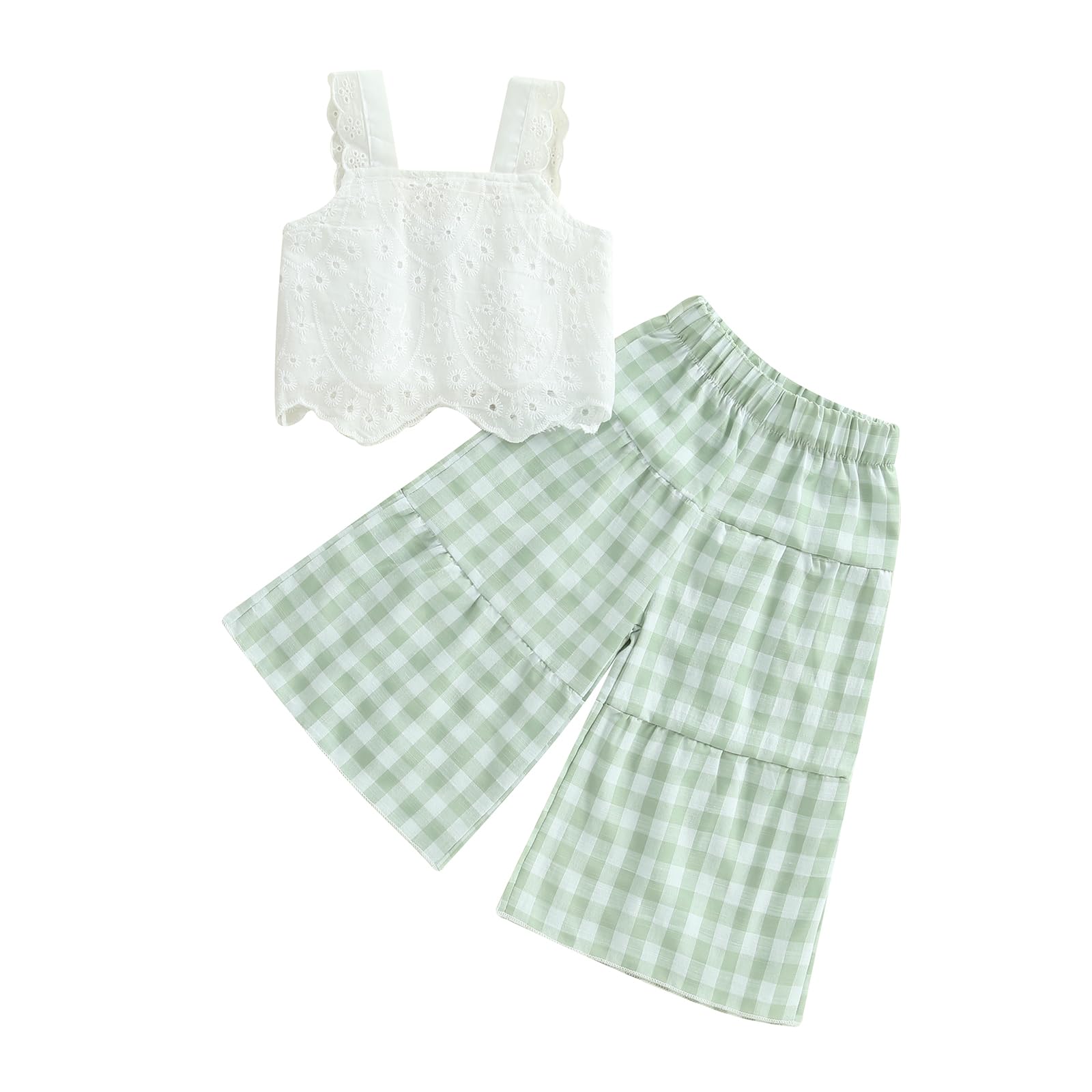 Photo 1 of Toddler Girl Summer Outfits Eyelet Embroidery Cami Tops + Plaid Print Wide Leg Pants 2 Pcs Infant Girl Clothes Set (Green, 12-18 Months)
