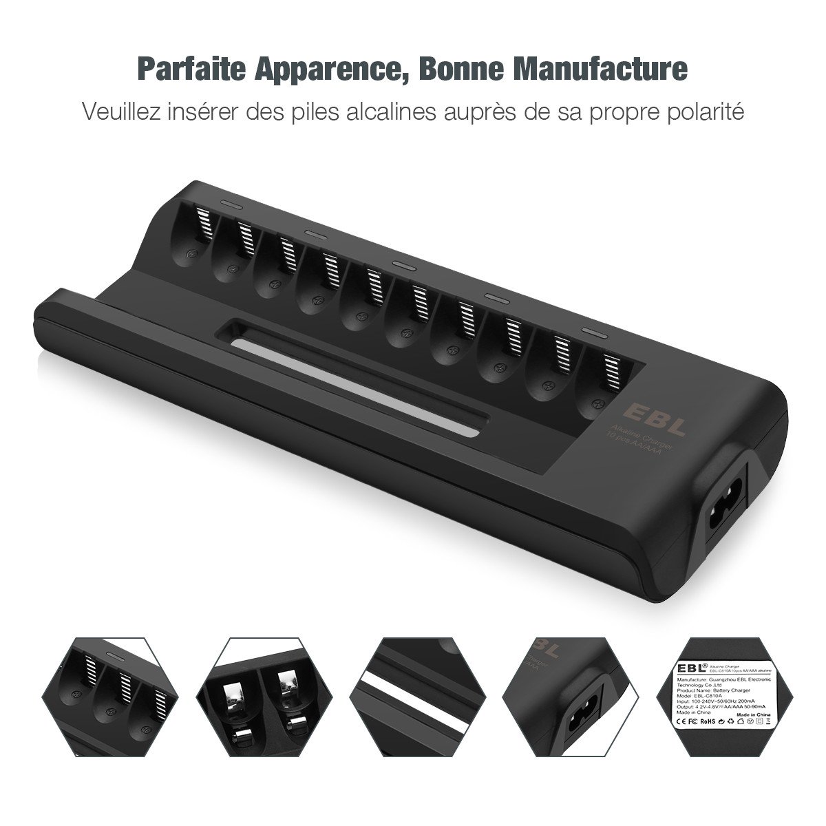 EBL Chargeur de Piles Alicalines AA/AAA Charge de Courant faible avec 10 Slots Indépendant