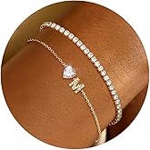 ABDOT Gold Bracelets for Women Trendy Dainty 14K Gold Plated Layered Initial Tennis Bracelets for Women Non Tarnish A-Z Heart Letter Charm Gifts for Mom Best Friend