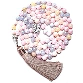 Hovaete 108 Mala Prayer Beads Necklace Natural Stones Meditation Yoga Jewery 108 Hand Knotted Japa Mala Beaded Long Tassel Necklace with Tree of Life Pendant for Men and Women