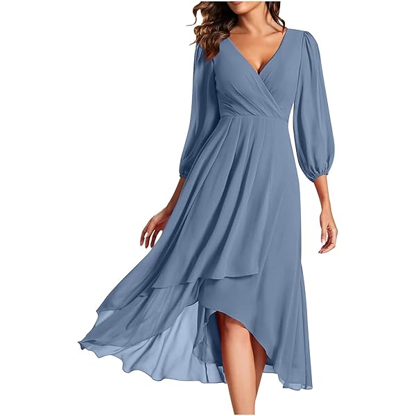 Robe Longue Keepholdon Col V – Mousseline Fluide – Taille Haute – Coupe Ample – Manches 3/4 – Pour Femme été