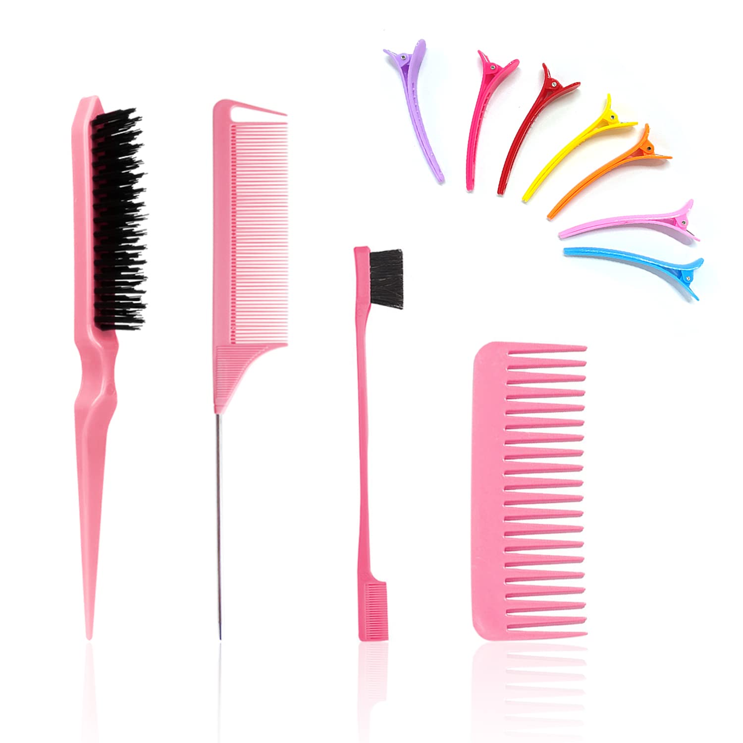 CQQNIU 3-Piece Hairdressing Comb Set with Wide Tooth Comb, Hair Clips, and Double-Sided Brush, Pink, 15.4 x 5.8 cm