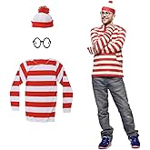 Adult Red and White Striped Shirt Outfit Halloween Cosplay Costume Shirt Hat Glasses Suits