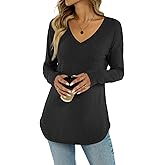 Eachyes Womens Deep V Neck Tunic Tops Fall Long Sleeve Shirts Casual Loose Fit Curved Hem Clothes 2026