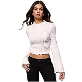 MakeMeChic Women's Bell Sleeve Crop Top Mock Neck Knit Lettuce Trim Rib Tee Shirt Tops