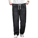 Djeanxa Plus Size Baggy Jeans for Men Stretchy Straight Loose Jett Jeans Drawstring Waist Pull On Denim Sweatpants L-5XL