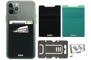 WUOJI RFID Blocking Phone Card Wallet - Double Secure Pocket - Ultra-Slim Self Adhesive Credit Card Holder Card Sleeves Phone Wallet Sticker All Smartphones (Black Green)-2PC