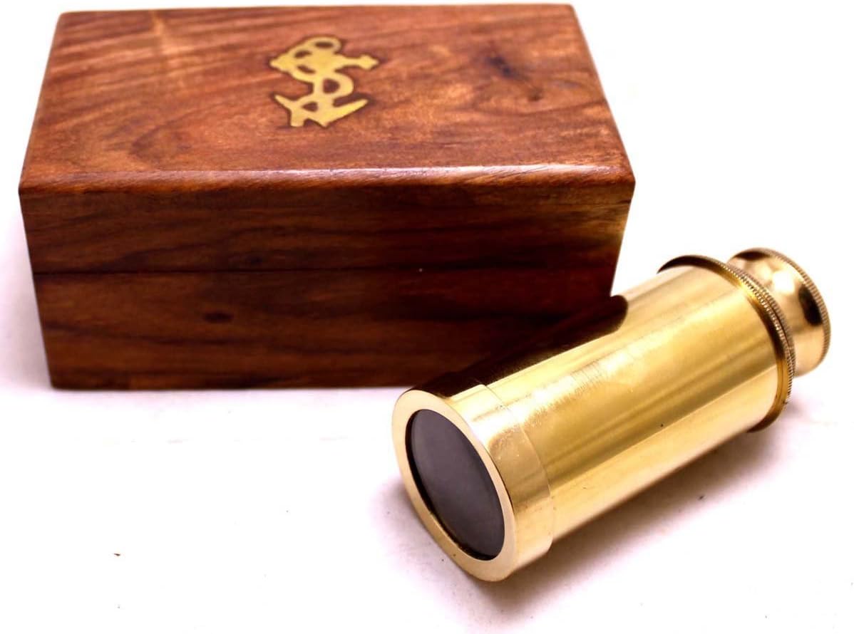 Captains 6 inch Brass Handheld Mini Telescope with Wooden Box Nautical Collectibles - Image 3