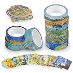 Knaid Van Gogh Inspired Washi Masking Tape Set of 8 Rolls + 90 pcs Planner Stickers, Van Gogh's Paintings Series Bundle for Arts, DIY Crafts, Gift Wrapping, Scrapbook, Journals, and Daily Planners